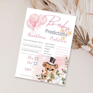 Safari Animals Baby Shower Baby Predictions, Pink Floral Baby Predictions Card, Girly kids Animals Baby Shower Games // Jennifer