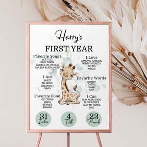 Jungle 1st Birthday Poster, Greenery African Animal Watercolor Milestone Poster, Editable one year old Birthday Party Sign / A1000