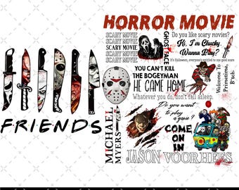 Puede incluir: Un diseño gráfico con elementos de películas de terror. El diseño presenta cuchillos, máscaras y personajes como Chucky y Freddy Krueger. El texto incluye "Horror Movie", "Friends" y "Come on in".