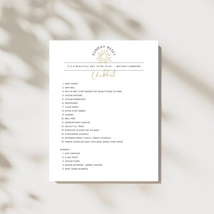 May include: A printable checklist titled "Sunday Reset" with a sun graphic and the text "It's a beautiful day to be alive - Whitney Simmons". The checklist includes household chores and self-care tasks to be completed weekly and bi-weekly.