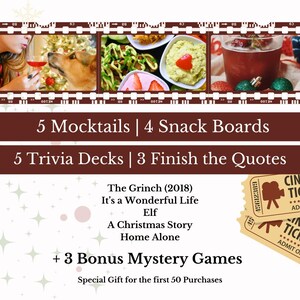 May include: A festive Christmas party package with 5 mocktails, 4 snack boards, 5 trivia decks, 3 finish the quotes games, and 3 bonus mystery games. The package includes a special gift for the first 50 purchases.