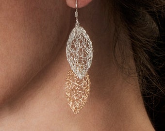 Sterling Silver and 14k Gold Filled Leaf Earrings, Leaves Earrings, Dangle Earrings, Wire Woven | MetaLace
