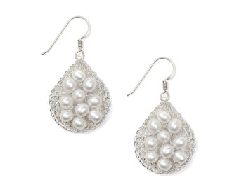 Freshwater Pearl Earrings, Sterling Silver Earrings, Wire Woven | MetaLace