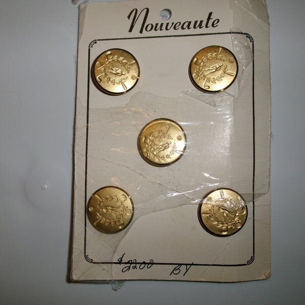 Vintage Nouveaute Golfer Buttons, Older Country Club Style Button, Set of 5 Gold Tone Metal Golf Buttons on Card