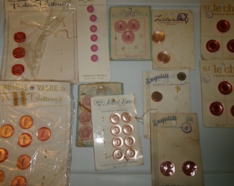 Vintage Lot of Old Pink Plastic Buttons, Some Moonglow, Assorted Sizes on Cards