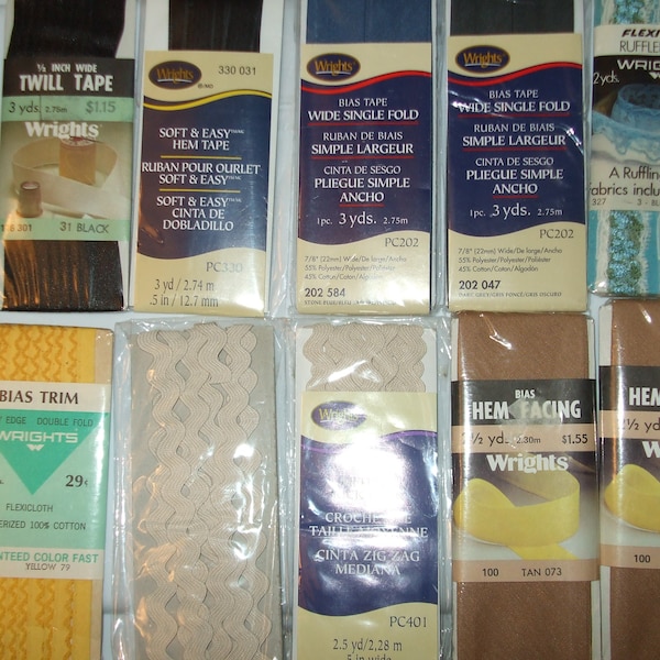 Vintage NOS Ruffled Lace Trim, Twill Tape, Hem Tape, Hem Facing, Rick Rack, and Bias Tape Trim Lot of 10,   Old Deadstock Packages