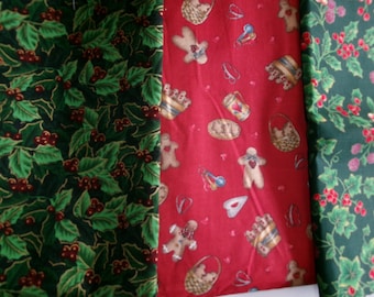 Christmas Holiday Theme Cotton or Cotton Blend Fabrics Lot, Gingerbread Men and Holly, Quilting Crafting Lot of 3, Winter Pattern Remnants