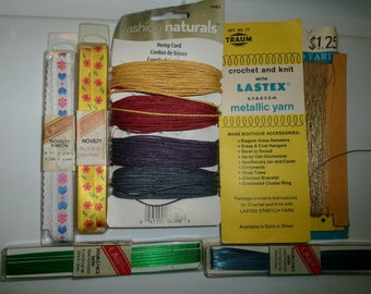 Vintage Lot of Novelty Ribbon, Double Face Satin Cord, Hemp Cord, Traum Lastex Gold Metallic Yarn, Old Sewing Notions