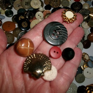 May include: A collection of assorted buttons in various colors, shapes, and sizes. The buttons are made of different materials, including plastic, metal, and fabric. Some of the buttons have unique designs, such as a shell-shaped button and a button with a braided design.