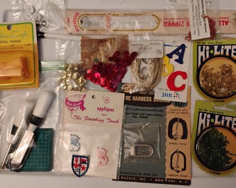 Vintage NOS Craft Notions Lot, Sequins, Googly Eyes, Bugle Beads, Buttons, Doll Hands, Buttonhole  Kit, Stitch Markers, Old Sewing Notions