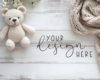 Flat Lay Mockup Background | Neutral Teddy Bear Digital Mockup | Scene Creator For Your Designs | Styled Flat Lay With A Soft Aesthetic