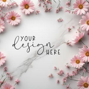 Flat Lay Mockup Background | Marble Flat Lay With Pink Flowers | Mock Up For Your Wedding Products | Scene Creator Digital Backdrop