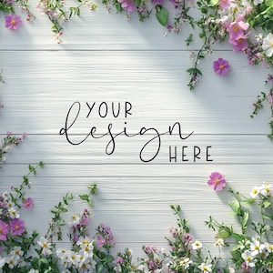 Flat Lay Mockup Background | Instant Download Flat Lay With Wildflowers | Pretty Styled Scene Creator | Wooden Backdrop For Your Designs