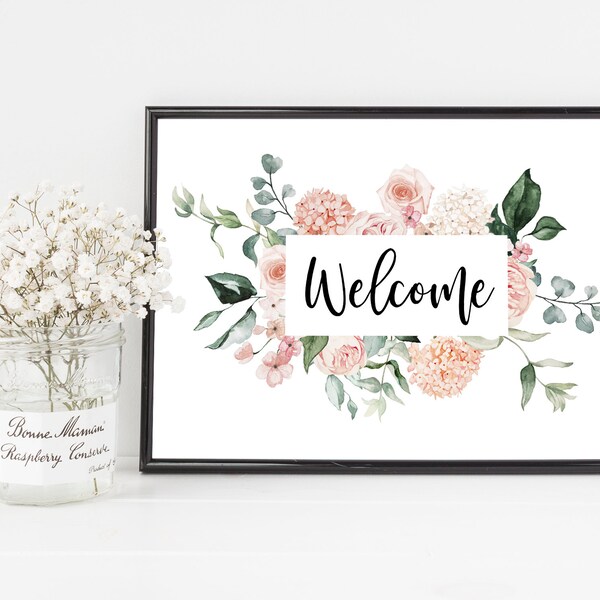 Rose Welcome Print | Print For The Hallway | Hallway Welcome Sign | New Home Gift | Watercolour Rose Wall Art | Pink Home Accessories