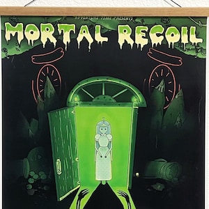 May include: A black and green poster with the text "Adventure Time Presents: Mortal Recoil" at the top. A green door with a glowing green interior is open, revealing a white-clad figure. The figure's shadow is a black monster with the text "Evil Presence Detected" below it.