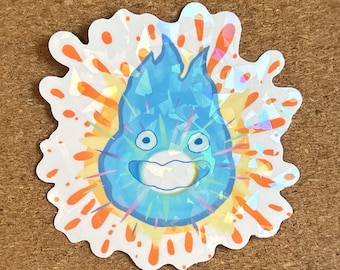 Holographic Calcifer Sticker - howl's moving castle studio ghibli anime fire demon rainbow decal