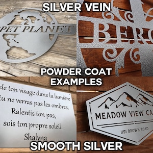 May include: Examples of metal signs with different finishes. The signs feature various designs, including a globe with the text "CARPET PLANET", a mountain range with the text "MEADOW VIEW CABIN 1191 BROWN ROAD", and a stylized tree with the text "BERGMAN". The signs are available in silver vein and smooth silver finishes.