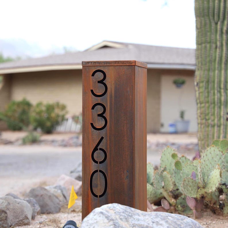 Metal Address Column | House Numbers Steel Column | Address Numbers Pillar | Pump Cover | Address Sign | Patina | Yard Art | Housewarming image 4