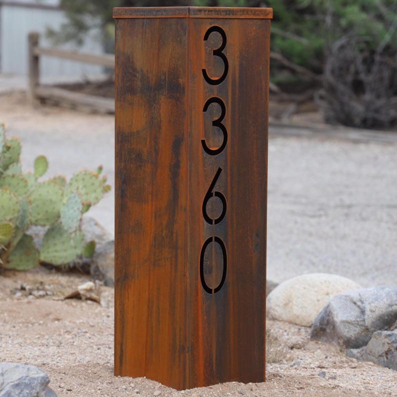 Metal Address Column | House Numbers Steel Column | Address Numbers Pillar | Pump Cover | Address Sign | Patina | Yard Art | Housewarming image 7