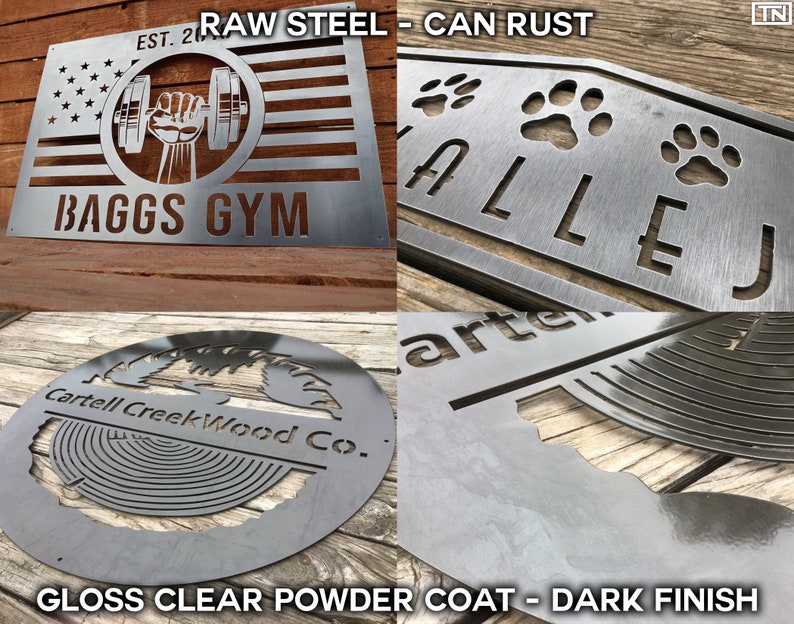 May include: Four metal signs with different designs and finishes. The first sign is a silver metal sign with a red, white, and blue American flag design and the text "EST. 20 BAGGS GYM". The second sign is a silver metal sign with the text "ALLEJ" and three paw prints. The third sign is a round, silver metal sign with a tree design and the text "Cartell Creek Wood Co.". The fourth sign is a silver metal sign with a dark finish and the text "arte".