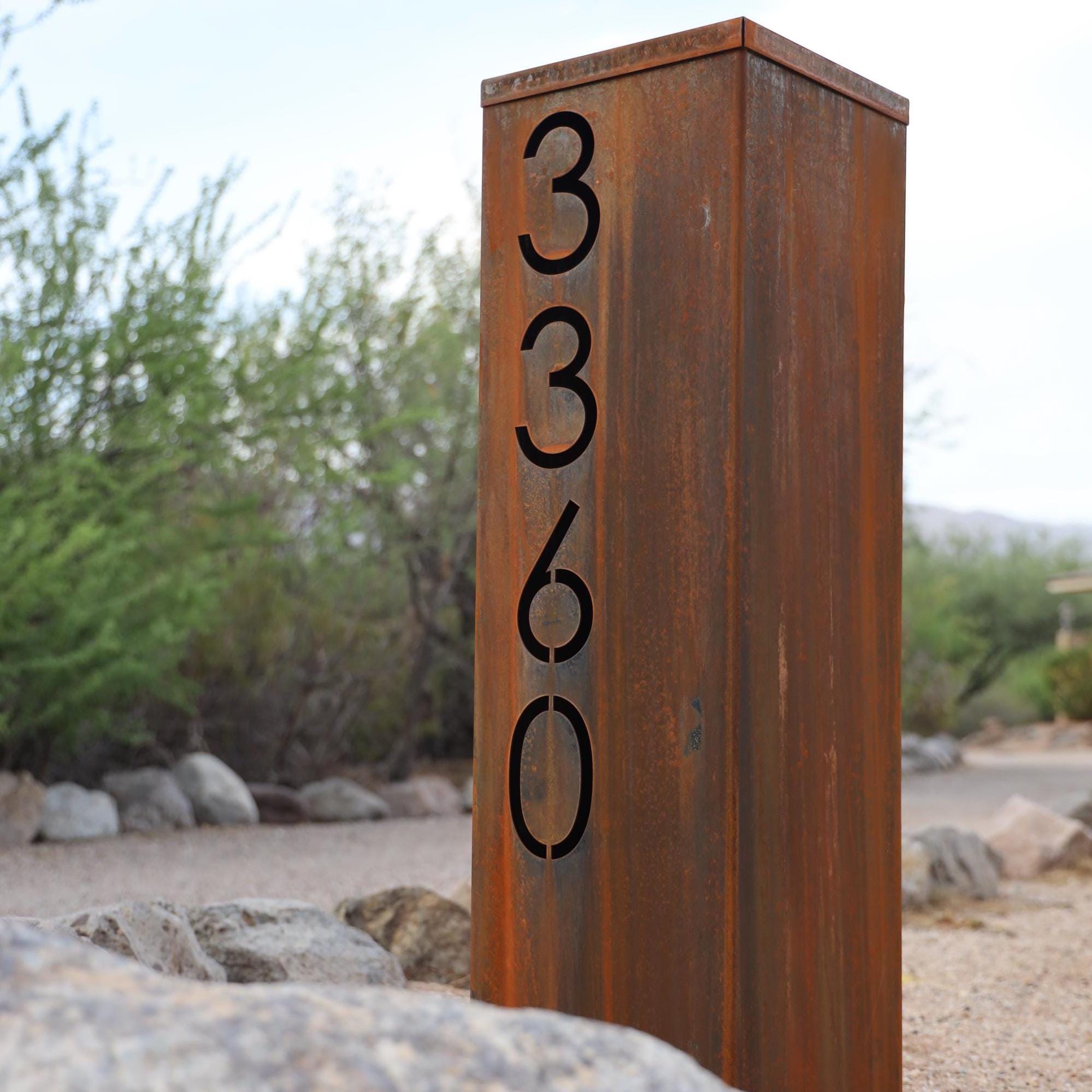 Metal Address Column | House Numbers Steel Column | Address Numbers Pillar | Pump Cover | Address Sign | Corten Steel | Patina | Yard Art