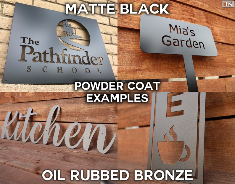 May include: Two metal signs with different finishes. The top sign is matte black and says "The Pathfinder School". The bottom sign is oil rubbed bronze and says "kitchen".