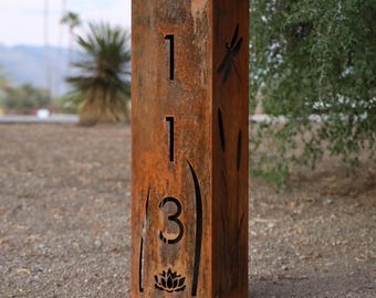 Metal Address Column | Steel Sculpture | Metal Address Pillar | Pump Cover | Dragonfly Numbers Sign | Patina | Yard Art | Housewarming