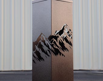 Metal Mountain Column | Mountain Scene Steel Column | Steel Pillar | Pump Cover | Well Cover Metal | Patina | Yard Art | Housewarming
