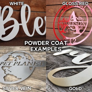 Puede incluir: Cuatro letreros de metal que muestran diferentes colores de pintura en polvo. Los letreros son: blanco, rojo brillante, veta plateada y dorado. Los letreros est&aacute;n sobre un fondo de madera. Los letreros son ejemplos de diferentes colores de pintura en polvo.