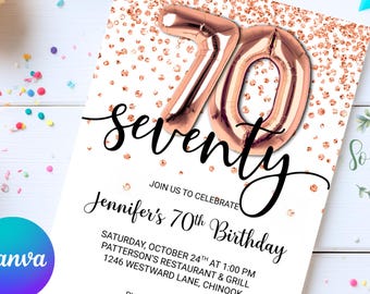 Rose Gold Glitter 70th Birthday Invitation, Canva Editable Template (Digital)