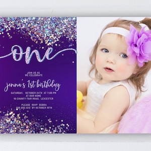 Purple and Silver Holo Glitter 1st Birthday Invitation with photo,  EDIT YOURSELF Invite for 1 year old Birthday Party, 2 sizes, DIY