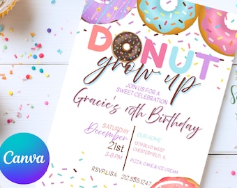 Donut Grow Up Birthday Invitation Template, Donut Party Invite, Editable Canva Invite, 5x7 Printable & Mobile