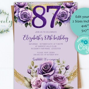 Purple Roses ANY Age Birthday Invitation, 60, 70, 80, 90-YOU EDIT Birthday Invite- Any Age Birthday Party, Invite template