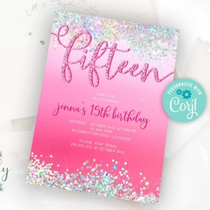 Hot Pink and Silver Holographic Glitter 15th Birthday Invitation,  Editable Birthday Invite for fifteen Birthday, 2 sizes, DIY Edit yourself