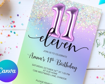 Editable 11th Birthday Invitation Template, Purple Balloon Invite, Pastel Glitter Party, Canva Digital Download