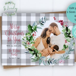 Buffalo Plaid Edit Yourself Christmas Card with Photo, Holly Wreath with Photo Christmas- Holiday Card with photo, Customize yourself