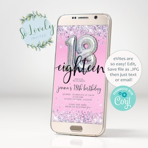 Faire-part 18e anniversaire rose et argent et paillettes holographiques, invitation anniversaire mobile modifiable pour le 18e anniversaire-texte ou email