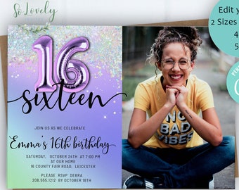 Purple Rainbow Holo glitter 16th Birthday Photo Invitation, Editable Birthday Invite for sweet sixteen Birthday Party, Edit yourself