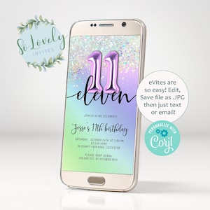 Purple Rainbow Holo Glitter 11th Birthday Invitation, EDIT YOURSELF Mobile Birthday Invite for 11 year old Birthday eVite- Text, email