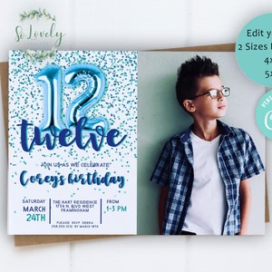 Blue and Green Glitter 12th Birthday Invitation with Photo, EDIT YOURSELF Birthday Invite for 12 year old Birthday Party, DIY Invitation
