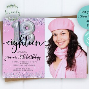 Faire-part photo 18e anniversaire holographique rose et argenté, invitation d'anniversaire modifiable pour dix-huit anniversaires, bricolage