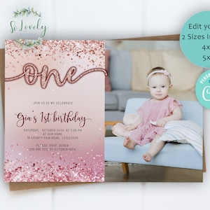 Rose Gold Glitter BG 1. Geburtstagseinladung mit Foto, bearbeiten Sie YOURSELF einladen für 1-jährige Geburtstagsfeier, 2 Größen, DIY