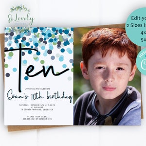 Shades of Blue Confetti 10th Birthday Photo Invitation, EDIT YOURSELF Birthday Invite for 10 year old Birthday Party, 2 sizes, DIY Invite