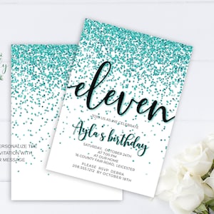 Teal Glitter 11. Geburtstagseinladung, bearbeitbare Geburtstagseinladung für 11-jährige Geburtstagsfeier, 2 Größen, DIY selbst bearbeiten