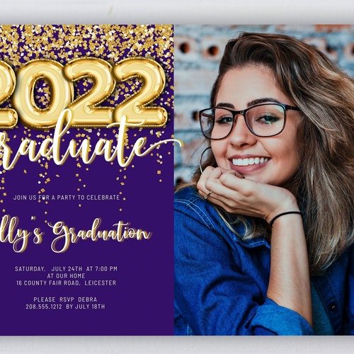 Purple and Gold Graduation Invitation Instant Download Etsy