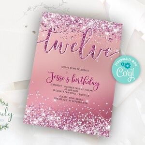 Rose Sparkle Holo Glitter 12th Birthday Invitation,  Editable Birthday Invite for 12 year old Birthday Party, 2 sizes, DIY Edit yourself