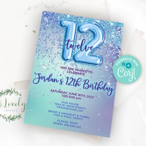 Sky Blue Glitter 12th Birthday Invitation,  Editable Birthday Invite for 12 year old Birthday Party, 2 sizes, DIY Edit yourself