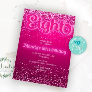 Neon Hot Pink Glitter 8th Birthday Invitation, EDIT YOURSELF Birthday Invite for 8 year old Birthday Party, 2 sizes, DIY template