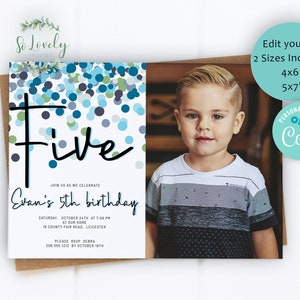 confetti 5th Birthday Photo Invitation for boy, EDIT YOURSELF Birthday Invite for 5 year old Birthday Party, 2 sizes, DIY Invite
