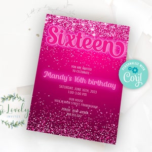 Neon Hot Pink Glitter 16th Birthday Invitation,  Editable Birthday Invite for sweet sixteen Birthday, 2 sizes, DIY Edit yourself